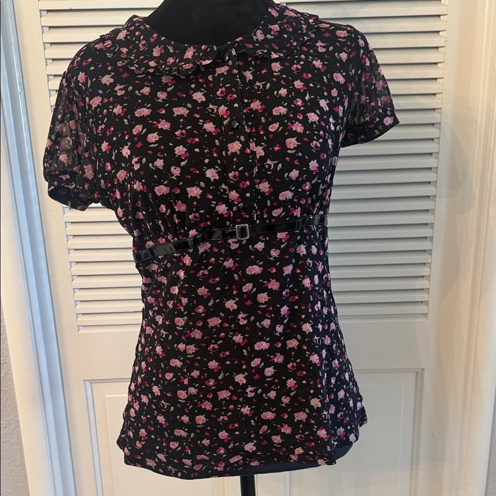 INC International Concepts Black Short-Sleeve Floral Blouse with Pink Print